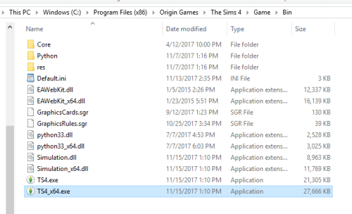 folder on pc with file named 'ts4_x64.exe' highlighted