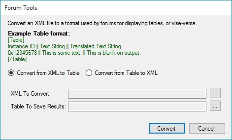 Forum tools with convert from XML to Table selected