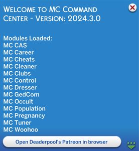 Welcome notice when you open the sims game with MCCC active