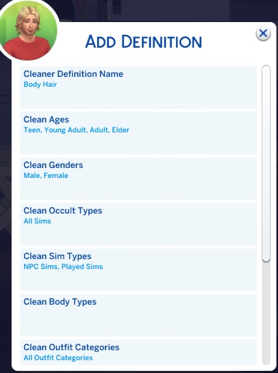 MC Cleaner Add Definitions screen